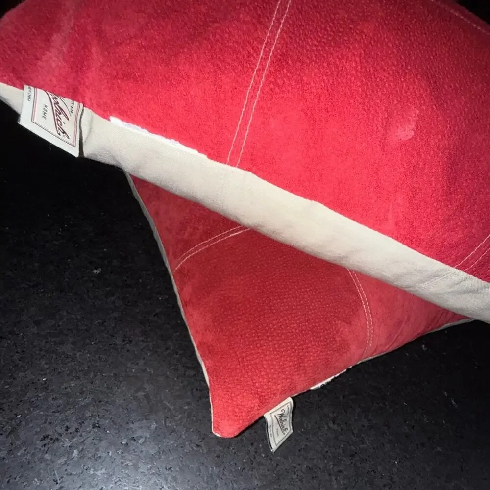 WOOLRICH RED GENUINE LEATHER SUEDE FEATHER INSERT LINEN BLEND BACK PILLOW SET